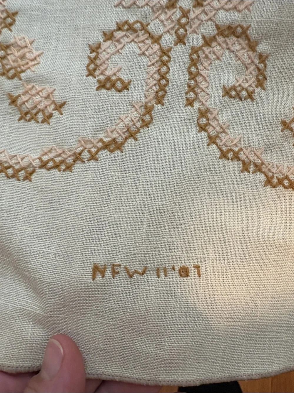 Handmade Oval Cream Cross-stitch Tablecloth with Tan Scrolls